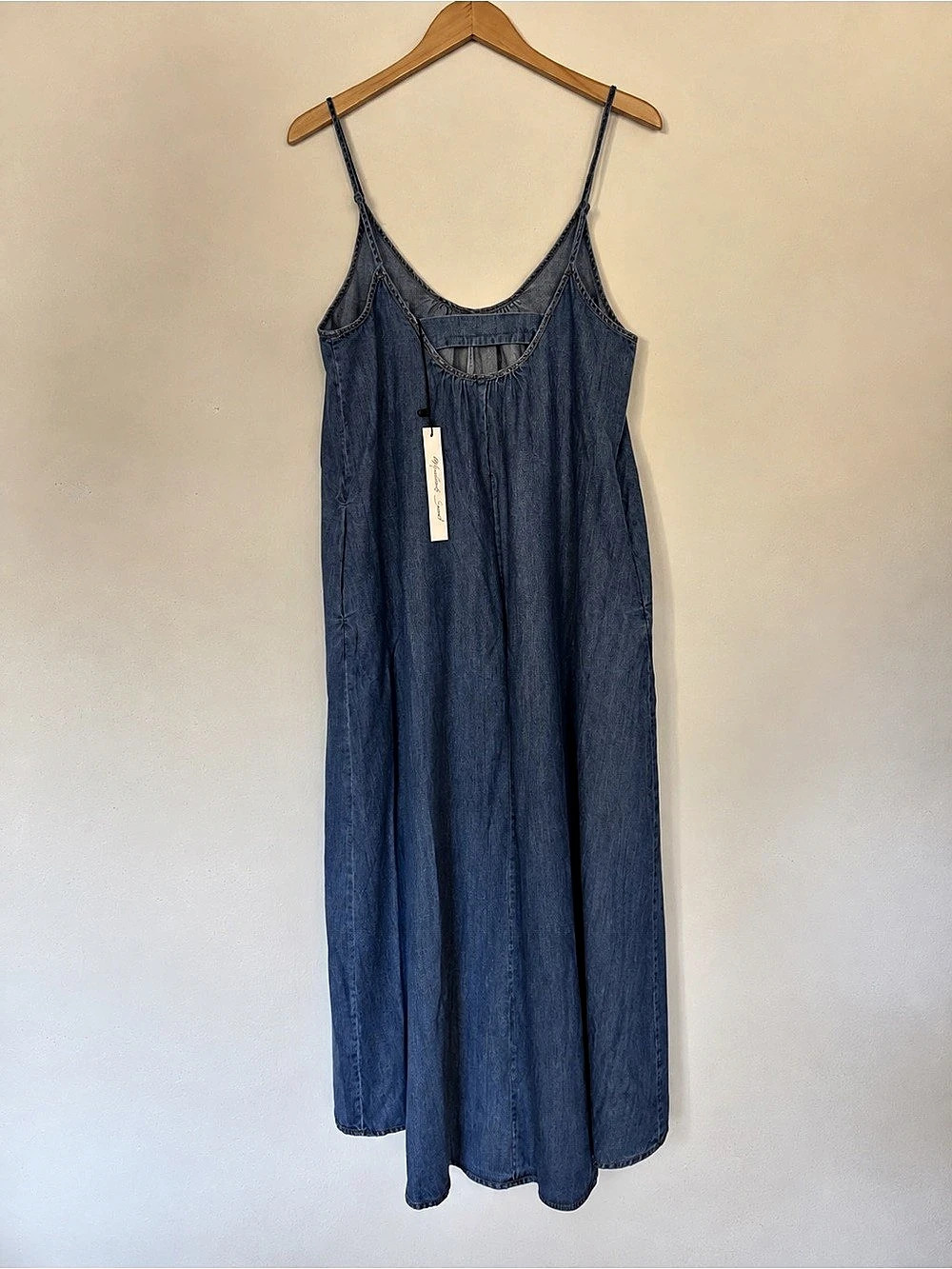 Mustard Seed NWT Denim Chambray Maxi Dress Spaghetti Strap Open Back Blue Size M